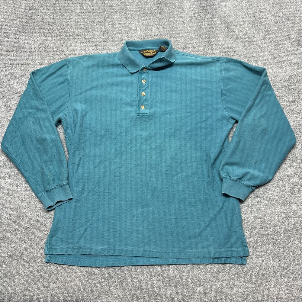 Vintage Eddie Bauer Polo Shirt Mens Large Blue Herringbone Cotton Knit Casual